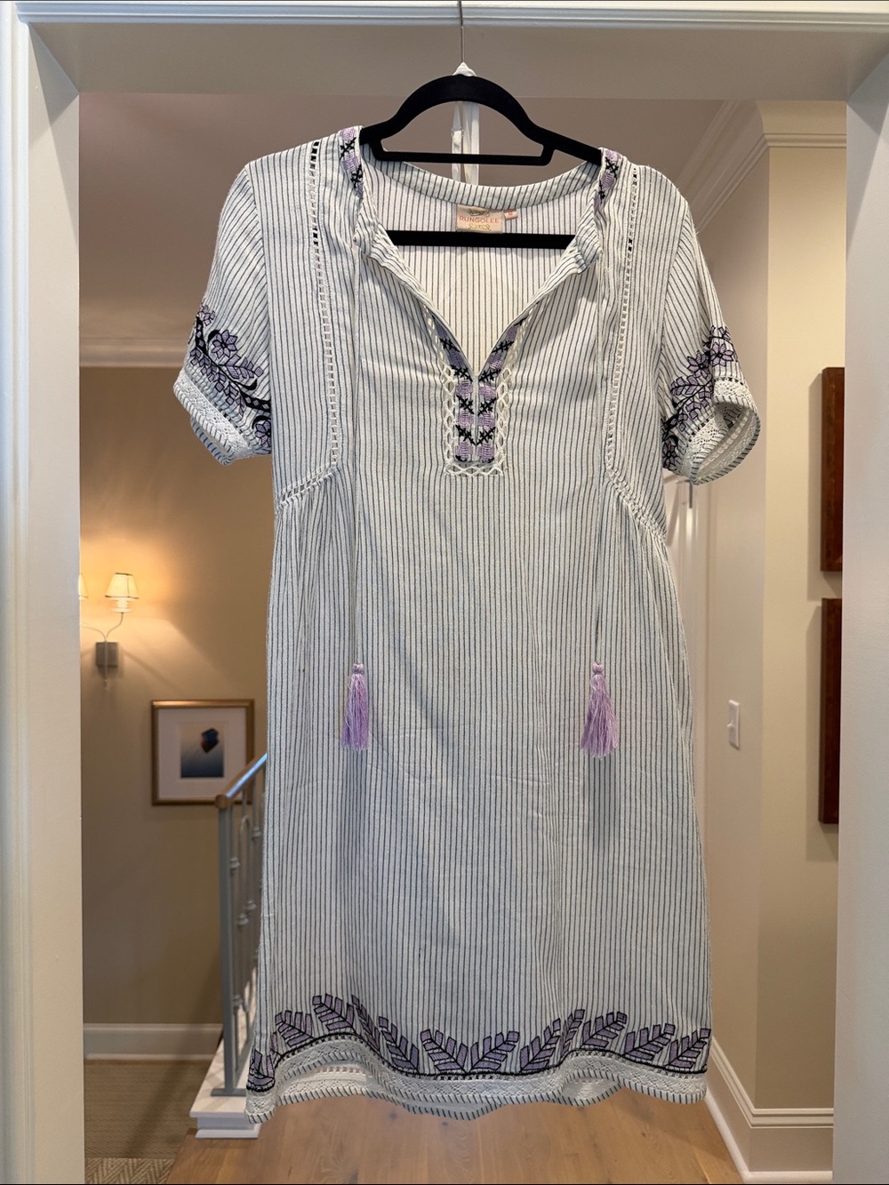 Rungolee Embroidered Striped Tunic Dress with Lavender Tassels(LS)